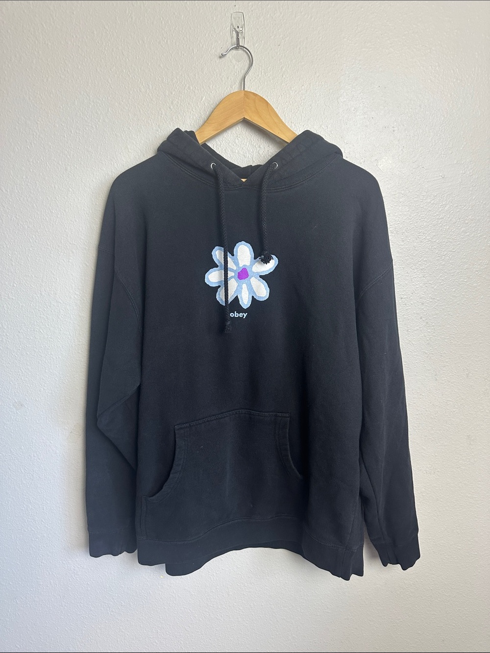 Obey Black Hoodie with White & Purple Flower